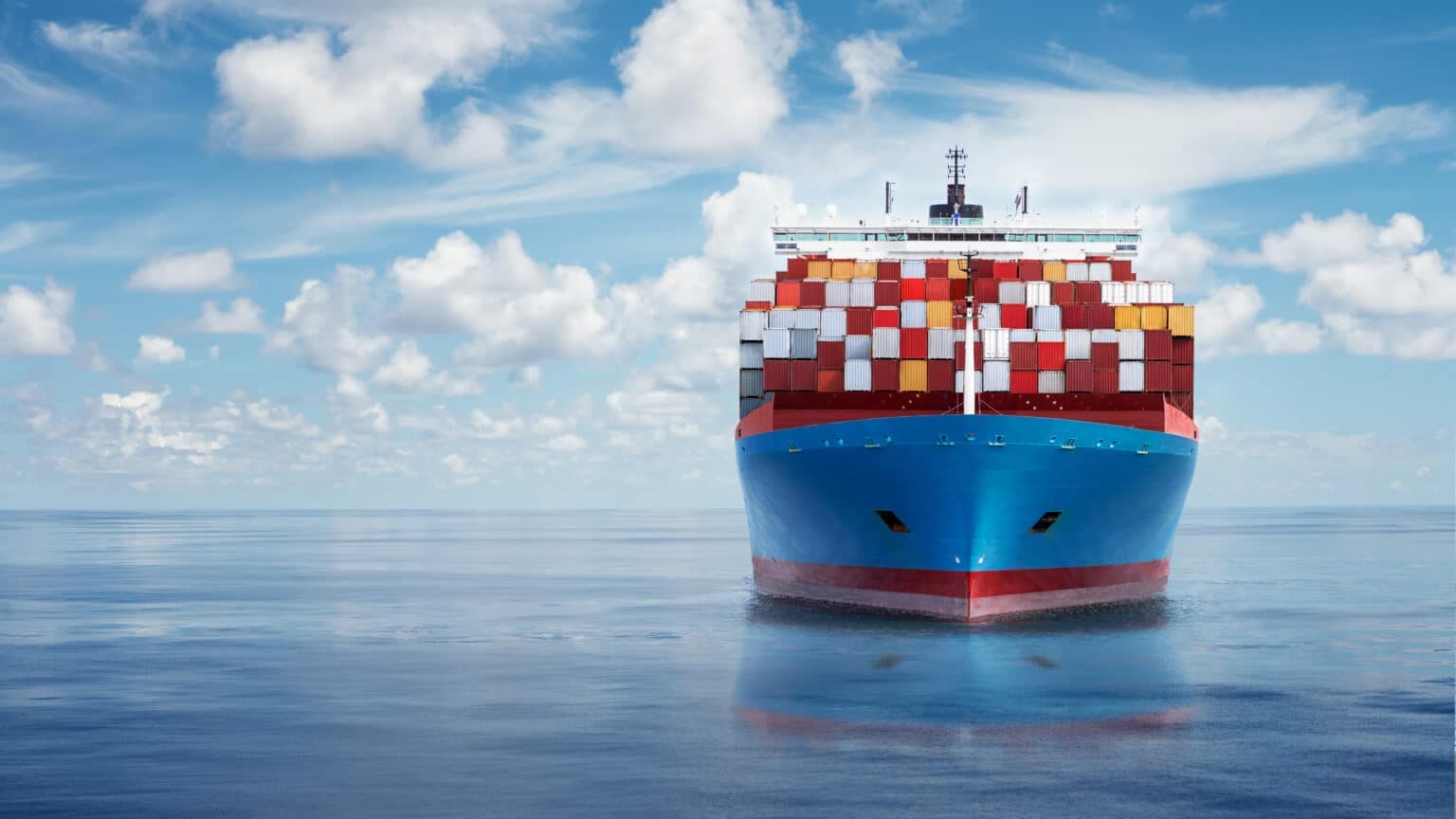 Front,View,From,Bow,Of,A,Large,Blue,Shipping,Container